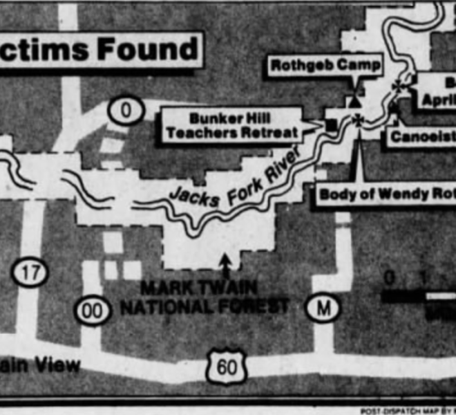 Jacks Fork River map noting where bodies of the victims were found