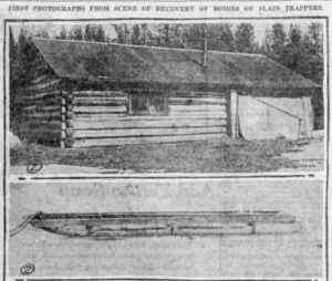 Ed Logan’s remote cabin at Little Lava Lake and the wooden sled used by Ed, Dewey, and Roy.